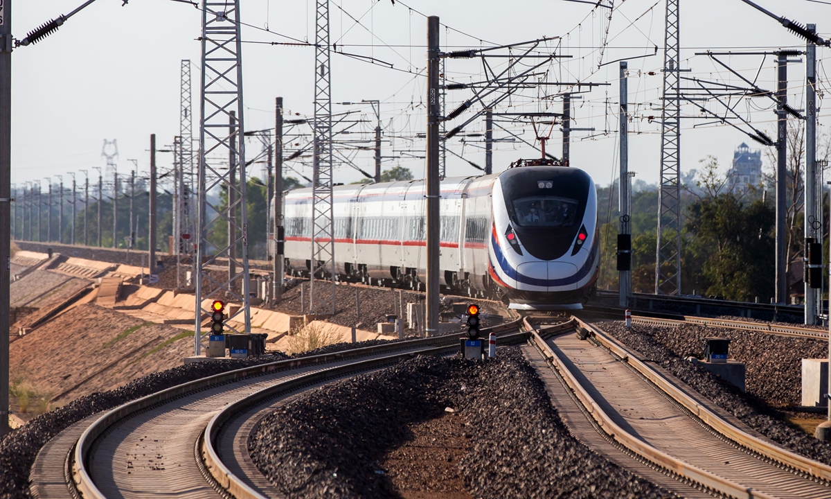 The Lane Xang EMU train departs the China-Laos Railway Vientiane station in the Lao capital Vientiane on December 3, 2021. Photo: Xinhua